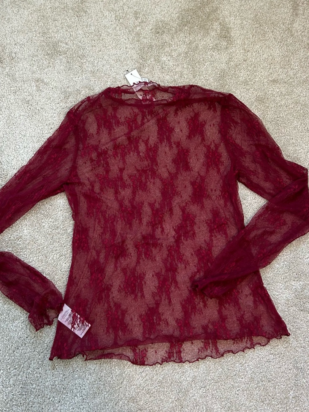 Francescas Collection Sheer Long-Sleeve Lace Top in Burgundy - Picture 3 of 5